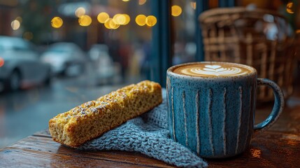 Poster - A cozy cafe scene featuring latte art in a ceramic mug paired with a golden biscotti Stock Photo with side copy space