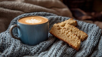 Poster - A cozy cafe scene featuring latte art in a ceramic mug paired with a golden biscotti Stock Photo with side copy space