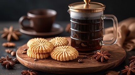 Poster - A freshly brewed French press coffee served alongside soft sugar cookies on a wooden platter Stock Photo with side copy space