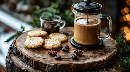 Poster - A freshly brewed French press coffee served alongside soft sugar cookies on a wooden platter Stock Photo with side copy space