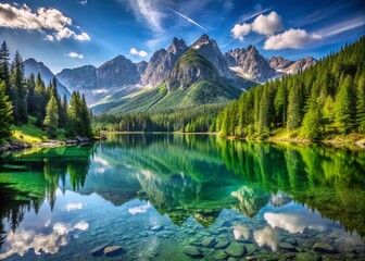 Wall Mural - Breathtaking Panoramic View of a Serene Lake Surrounded by Majestic Mountains Under a Clear Blue Sky with Lush Green Forests in the Foreground, Ideal for Nature Lovers and Travel Enthusiasts