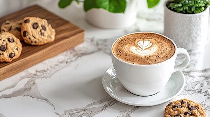 Poster - A cozy kitchen counter with warm cookies straight from the oven and a freshly brewed latte Stock Photo with side copy space
