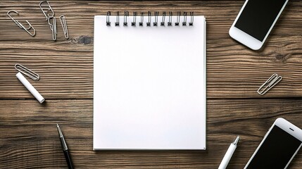 Poster - Blank Notepad on Wooden Desk with Office Supplies Around It