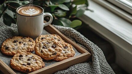 Poster - A cozy kitchen counter with warm cookies straight from the oven and a freshly brewed latte Stock Photo with side copy space