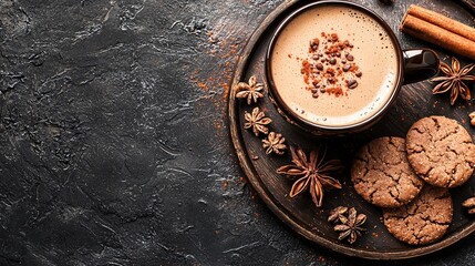 Poster - A delightful setup of chai-spiced cookies and a steaming cup of masala chai on a rustic tray Stock Photo with side copy space