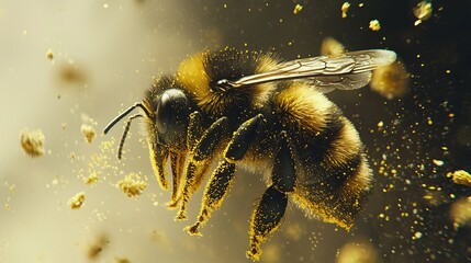 Poster - A mesmerizing view of a bee collecting pollen with its legs dusted in bright yellow Stock Photo with side copy space