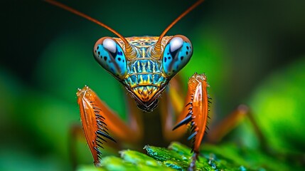 Aufkleber - A rare glimpse of a mantis hiding among vibrant green leaves showcasing its camouflaging ability Stock Photo with side copy space
