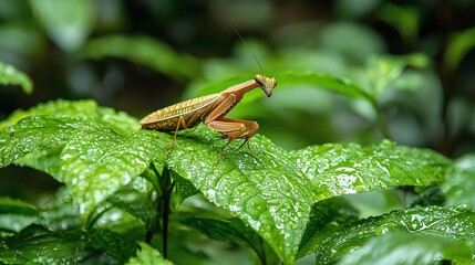 Aufkleber - A rare glimpse of a mantis hiding among vibrant green leaves showcasing its camouflaging ability Stock Photo with side copy space