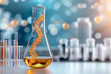 a glowing dna strand inside a test tube, resting on a laboratory table filled with scientific equipm