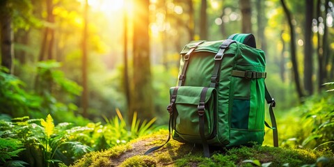 Wall Mural - Captivating Portrait Photography Featuring a Green Backpack Against a Lush Nature Backdrop, Ideal for Adventure and Travel Themes