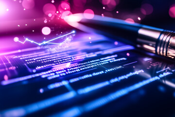 Poster - A modern desk highlights a glowing holographic pen projecting dynamic data visuals, symbolizing advanced technology