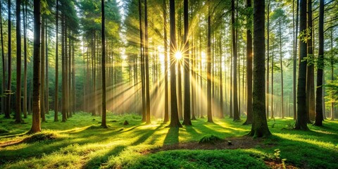  Sunlight filtering through trees in a serene forest, nature, sunlight, trees, forest, peaceful, serene, tranquil, calm, green