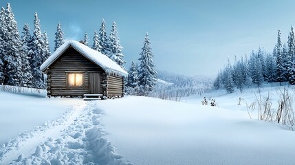 Wall Mural - Winter background silence concept, A cozy wooden cabin in a snowy landscape, surrounded by tall pine trees under a clear blue sky, evoking a peaceful winter atmosphere.