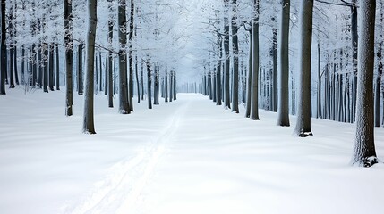 Wall Mural - winter background silence concept, snow-covered forest path lined with frosted trees, creating a ser
