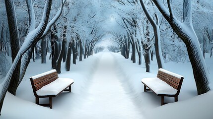 Wall Mural - winter background silence concept, a serene winter pathway lined with snow-covered trees and benches