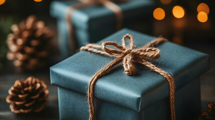 teal gift box tied with twine, pine cones, bokeh lights.