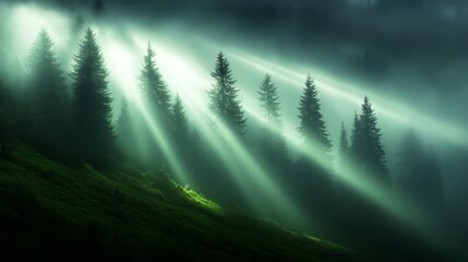 Wall Mural - Sunbeams through the mist, magical forest illuminated by golden light