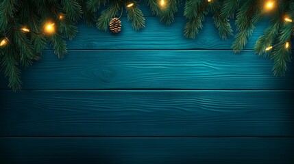 Wall Mural - Twinkling christmas lights on rustic wooden background, a festive holiday scene warm