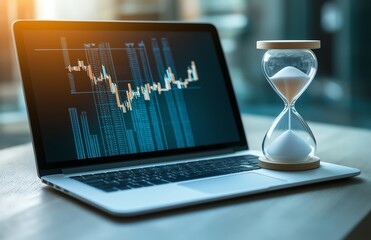 Poster - A laptop displaying financial graphs alongside an hourglass symbolizes the balance between technology and time management in modern business practices.