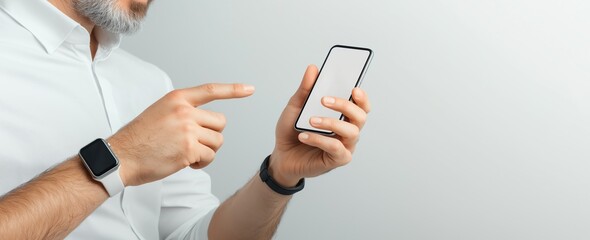 Poster - A focused individual in a white shirt interacts with a smartphone. The modern environment highlights technology's role in daily communication and professional tasks.