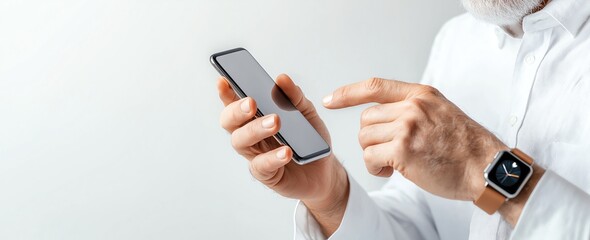 Poster - A close-up of a person using a smartphone, showcasing modern technology. The individual interacts with the device while wearing a smartwatch, representing digital lifestyle.