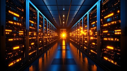 Poster - A captivating view of illuminated server racks in a data center, highlighting advanced technology and connectivity. The vibrant lights create a futuristic atmosphere.