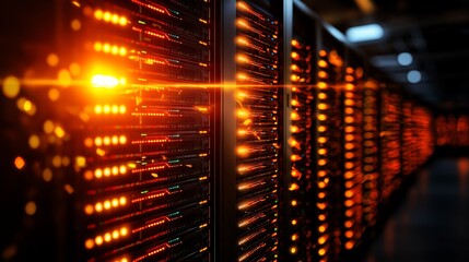 Poster - a close-up view of a modern data center, featuring rows of servers with glowing orange lights. the i