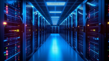 Poster - A modern data center with rows of servers illuminated by blue lighting. This high-tech environment showcases advanced technology and extensive data storage capabilities.