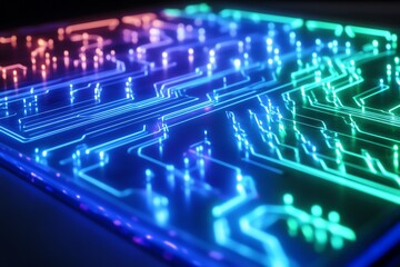Aufkleber - A close-up view of a vibrant circuit board illuminated with blue, green, and red lights, showcasing advanced technology and intricate electronic design.