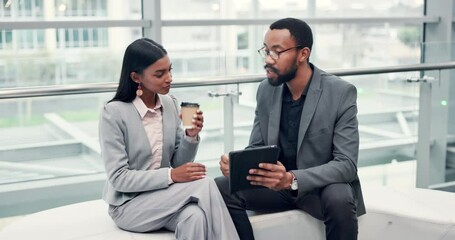Aufkleber - Business people, tablet and feedback with company, proposal and planning for project management and review. Client, collaboration and promotion with employee for convention, idea and discussion