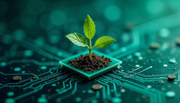 a small green plant grows from a microchip, symbolizing the fusion of nature and technology. this im