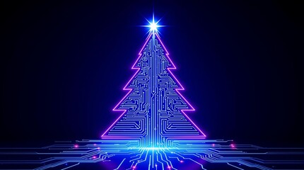 Poster - Futuristic Neon Christmas Tree with Glowing Decorations in a Dark Digital Landscape