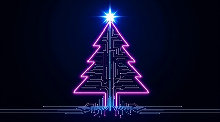 Poster - Futuristic Neon Christmas Tree with Glowing Decorations in a Dark Digital Landscape