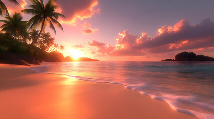 Wall Mural - Beach Sunset: Waves Crashing, Palms Swaying, Tranquil Ocean Views