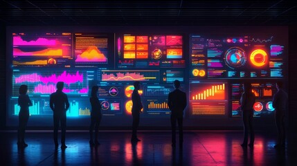 Wall Mural - A group of silhouetted figures observes vibrant digital displays filled with colorful data visualizations in a modern, tech-inspired environment.