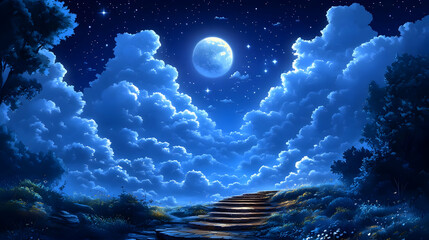 Wall Mural - Moonlit Steps Lead to Starry Night Sky Dreamscape