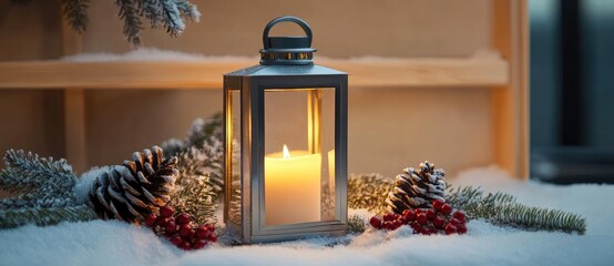 Wall Mural - a glowing christmas lantern with a lit candle surrounded by snow-covered pine cones, sprigs, and red