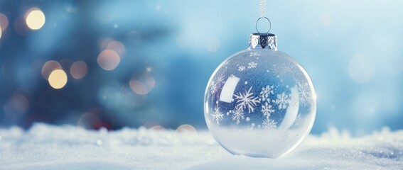 Wall Mural - a glass christmas ornament hanging in the snow with a blue background and blurred lights. the transp