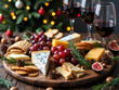 © Wuttichai - Festive cheese and wine platter with grapes and crackers surrounded by holiday decor, photography of food styling concept.