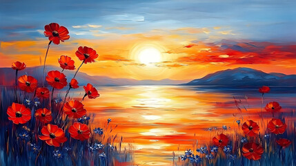 Wall Mural - Sunset's Embrace: Vibrant Poppies Bloom by Calm Lake