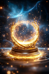 Poster - A glowing throne hovers in a vibrant display of light and energy, surrounded by sparkling particles