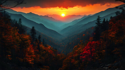 Poster - Autumn Sunset: Mountain Valley ablaze with fiery colors