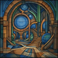 Poster - Abstract architectural interior with stained-glass style, featuring a grand staircase and circular windows.