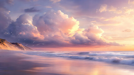 Wall Mural - Pastel Sunset Sky over Ocean Beach Waves