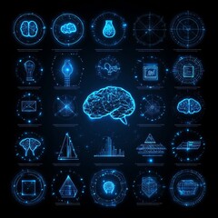 Poster - Abstract brain icons and digital elements.