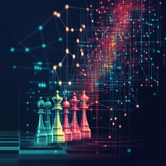 Poster - Abstract chess pieces on digital board, strategy concept.