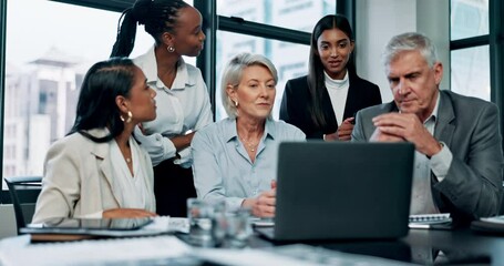 Poster - Business people, online meeting and laptop with collaboration of account management. Boardroom, diversity and proposal planning with conversation, tech and finance team at table with video call