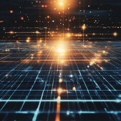 Poster - Abstract digital grid with glowing lines and particles.