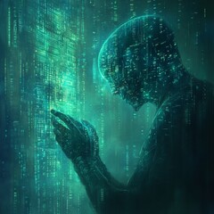 Aufkleber - abstract digital human figure interacting with glowing data stream.