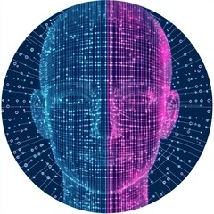 Poster - Abstract digital human head split in two, blue and pink halves, representing duality or AI.